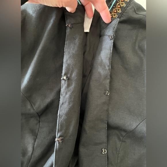 SARAH SPENCER 100% Linen Black Jacket Fully Lined Boho Turquoise Beaded Detail - Picture 9 of 14